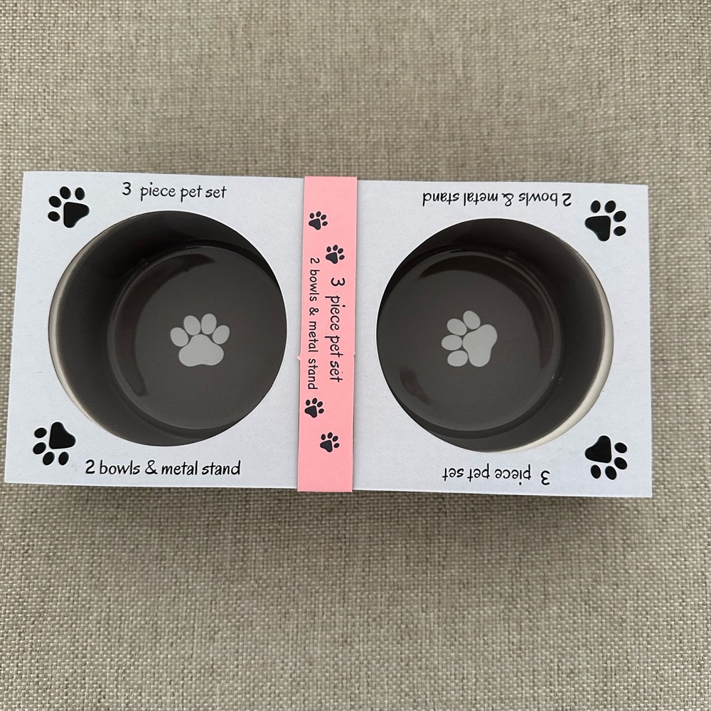 Gray Pet Bowl Set with Paw Print